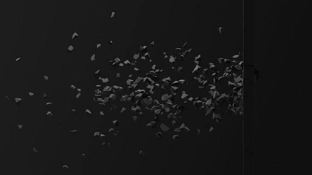 Abstract composition of cracked surface. A bullet or stone pierces a black square on a black gray background. Animated cgi background with a broken shape and flying small particles. 3D animation, 4K