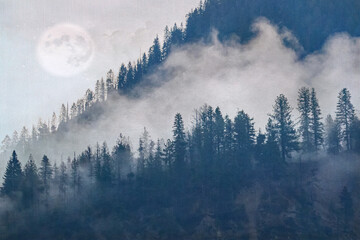 Original textured photograph of the moon rising behind a tree covered mountain encased with fog