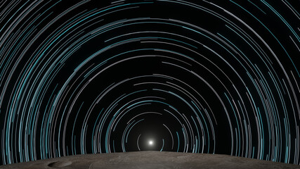 Spiral light trail from moon rotating by itself (3D Rendering)