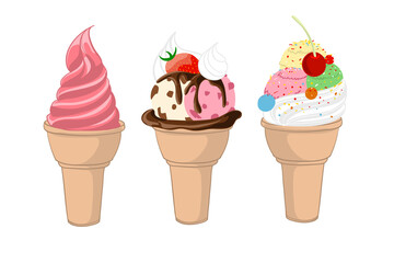 Ice Cream set 3 Flavors of Wafer cone. Strawberry, chocolate chips and Various topping on lemon and Vanilla balls.
