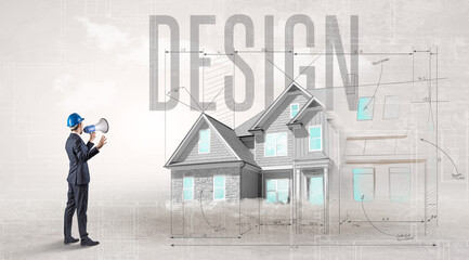 Young engineer holding blueprint with DESIGN inscription, house planning concept
