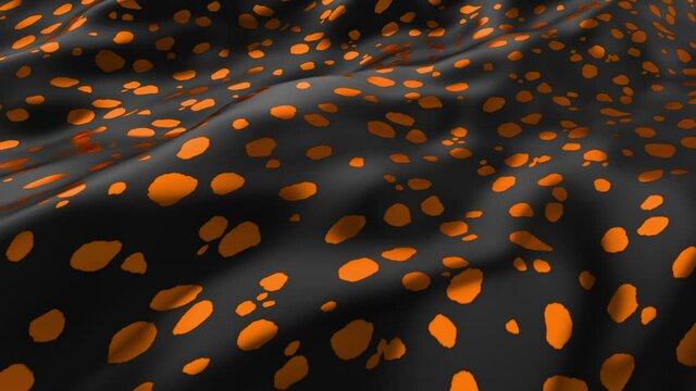 Abstract smooth surface with ripples. Cloth with waves. Orange pattern of dots spots on a black canvas. Fashion luxury textile.For advertising, poster, branding, web. 3D animation of seamless loop. 4K