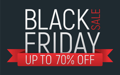 Concept black friday event banner and flyer, big sale clearance font text vector illustration. Design advertisement 70% closeout promotion label, season shopping.