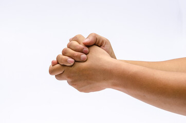 Close up of two hands wash clean with alcohol for protect covid-19, Isolated on white background, place for text or sign. Protect outbreak covid-19 concepts.