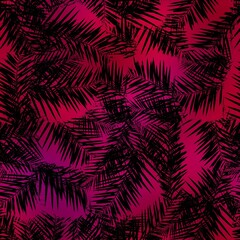 Seamless Miami night tropical pattern black foliage on sunset blur. High quality illustration. Swim, sports, or resort wear repeat print. Dark foreground on blurred background. Dark vibrant colors.