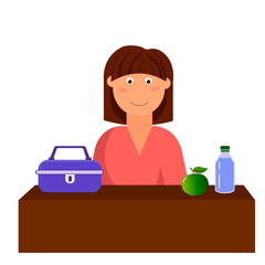 Lunch box lunch, water and apple. The girl is having lunch during her break. Vector illustration isolated on white background.