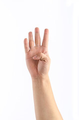 Close up of hand with show four fingers up in the peace. The letter B using sign language. Positive concept. Isolated on white background