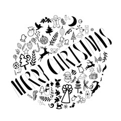 Merry Christmas hand drawn lettering with doodle of Christmas sign and symbol in circle shape