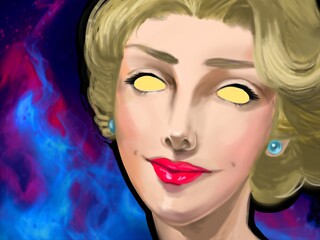 portrait of a creepy smiling blonde woman with fire background