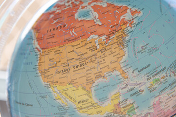 Fototapeta na wymiar Close Up Of Terrestrial Globe With Focus On North America. Focus on Canada, United States of America and Mexico.