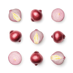 Collection of red onion isolated on white background