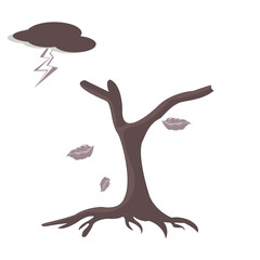 Vector isolate illustration design of dry tree, dry leaf and thunder bolts in brown tine with white background.Idea for depression, unhappy ,unhealthy feelings 