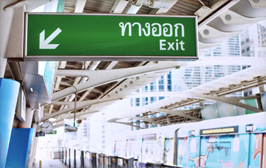 BTS Station, Bangkok, Thailand - 16 April 2019 - Exit sign at sky train station. Way finding signs...
