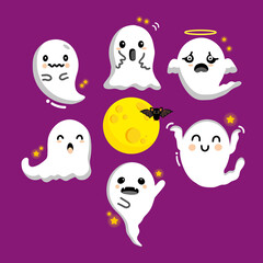 Obraz premium Happy halloween cartoon. Little Flying ghost in comic style.
