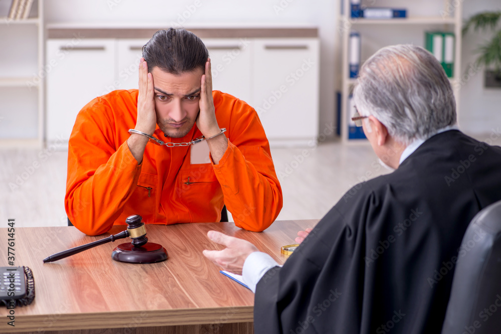 Wall mural old male judge meeting with young captive in courthouse