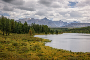 Quiet lake among the mountain peaks and pine forests, cloudy sky. Idyllic panorama of autumn, Alpine landscape.
