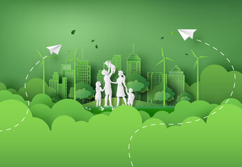 Green City with Family and Renewable Energy Concept