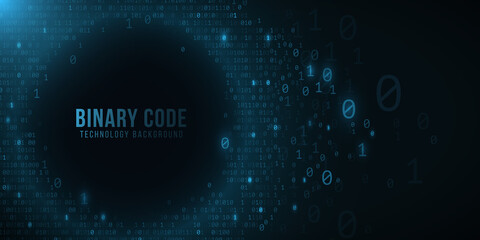 Binary code on a dark blue background. Hi-tech modern design. Programming banner. World network. Technology template. Vector illustration.