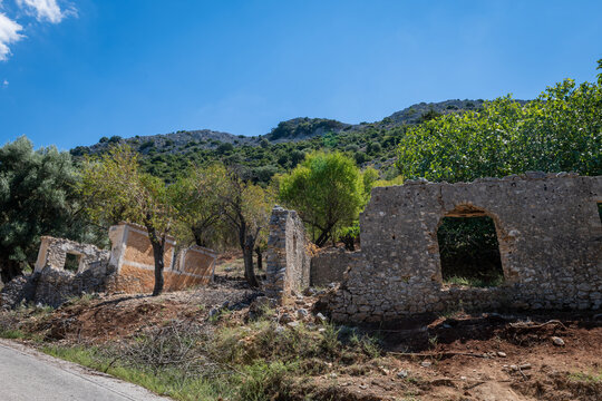 The abandoned settlement located on the mountain side in mainland Greece of the village of Palia Plagia.