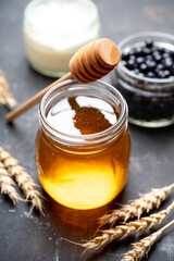 Ingredients for making tasty and healthy dessert with greek yogurt, berries and honey. Selective focus.