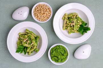 Traditional pasta with green sauce