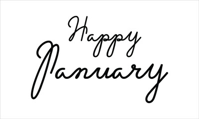 Happy January Black script Hand written thin Typography text lettering and Calligraphy phrase isolated on the White background 