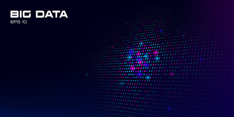 Big data visualization. Abstract background multicolored data units on a dark background with depth of field DOF and copy space. Science, technology theme. Vector illustration.