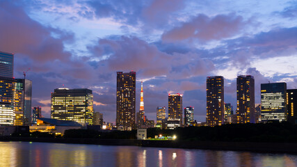 Fototapeta na wymiar 東京　トワイライト　東京タワーと高層ビル群　2020年8月