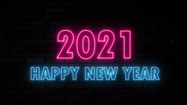 Neon light movement text happy new year 2021 blue and red running loops.