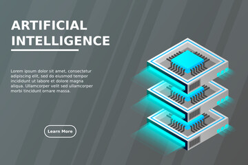 Quantum computer, large data processing, server room, artificial intelligence, data base concept, the microprocessor isometric vector