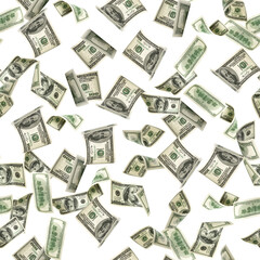 Dollars pattern us bill. Washington American cash. Falling usd money isolated on white background.