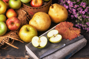 Autumn still life with apples and pears