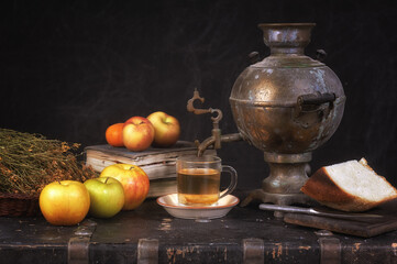 Autumn still life with apples on a dark background