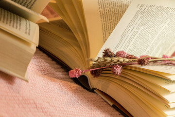 Libro abierto, vintange con flores secas en su interior, sobre base blanca y tela rosada