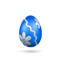 Easter egg 3D icon. Blue silver egg, isolated white background. Bright realistic design, decoration for Happy Easter celebration. Holiday element. Shiny pattern. Spring symbol. Vector illustration