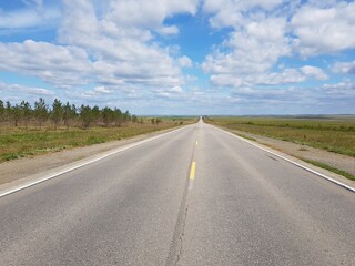 Fototapeta na wymiar Empty asphalt road in the steppe