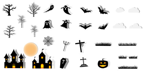 Collection of halloween silhouettes icon.paper art style. - 377621352