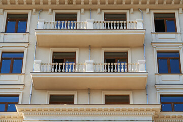 facade of the new building as a background, retro style exterior