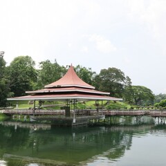 The signature landmark red roof pavilion in Macritchie reservoir in Singapore