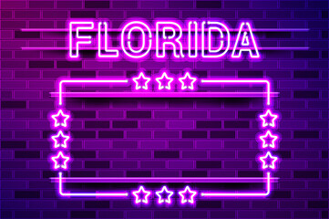 Obraz premium Florida US State glowing purple neon lettering and a rectangular frame with stars
