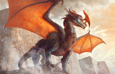 grand dragon orange à cornes devant un château © nyothep