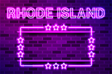 Rhode Island US State glowing purple neon lettering and a rectangular frame with stars