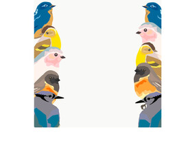 frame with many birds-Robin, Sparrow, bullfinch, songbird, large tit. vector illustration