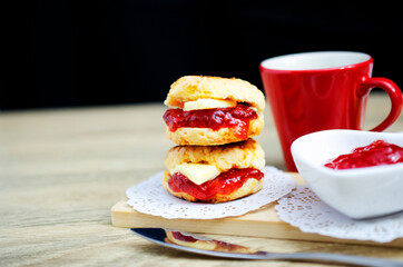 Close up of Scone homemade dessert stack on wooden table backgrounds
