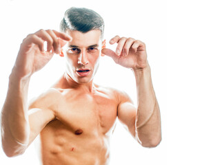 Fototapeta premium young handsome agressive man boxing isolared on white background, lifestyle sport people concept