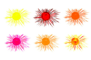 Sun icon collection. Multicolored flat icons, drawn closeup silhouettes isolated on white. Artistic logo design