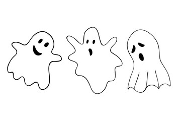 Hand-drawn vector Halloween-themed doodle set in black with illustrations of funny ghosts on a white background.