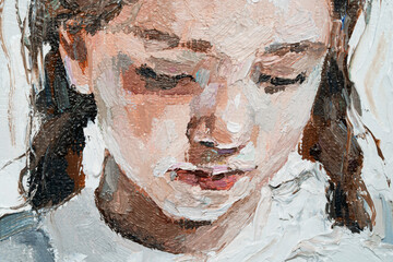 Art painting. Portrait of a  little girl with braids is made in a modern style.