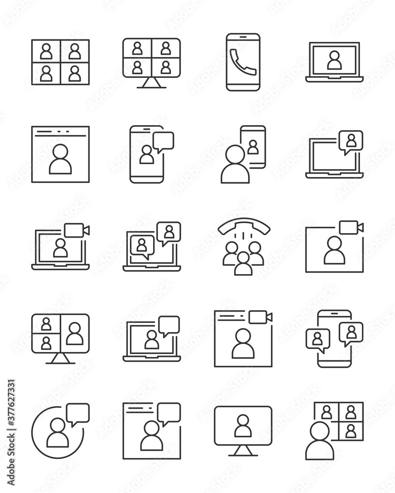 Wall mural set of video conference thin line icons, video call, online study, work form home ,content creator, 