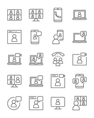 set of video conference thin line icons, video call, online study, work form home ,content creator, online meeting